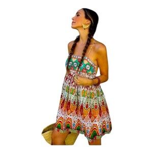 Zara Bold Color Embroidered‎ Strappy Ikat Pattern Lined Mini Boho Dress Large